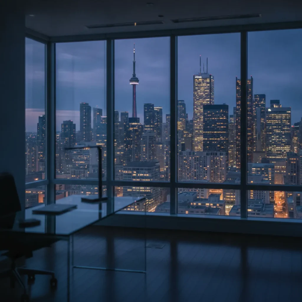 A sophisticated, professional photograph of the Toronto financial district skyline representing commercial real estate cap rates.