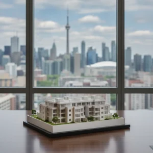 An architectural scale model of a modern multi-unit property on an office desk.