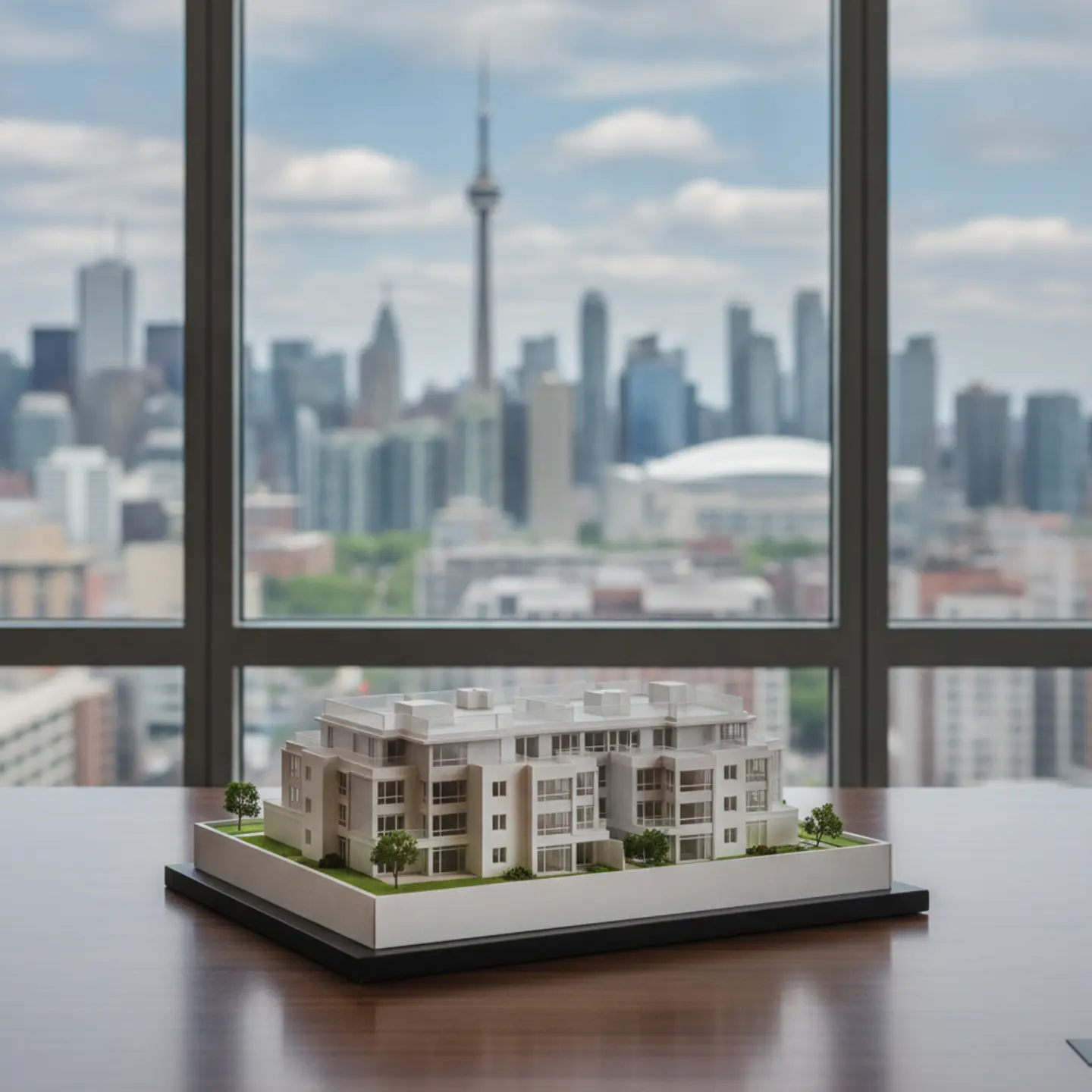 An architectural scale model of a modern multi-unit property on an office desk.