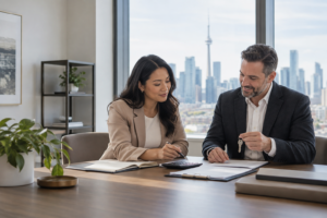 Prepare a business for sale in Ontario – owner reviewing confidential sale records with a business broker